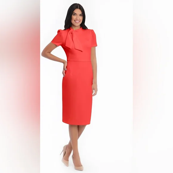 Maggy London | Dresses | Maggy London Midi Short Sleeve Sheath With Neck  Tie Calypso Coral Size | Poshmark